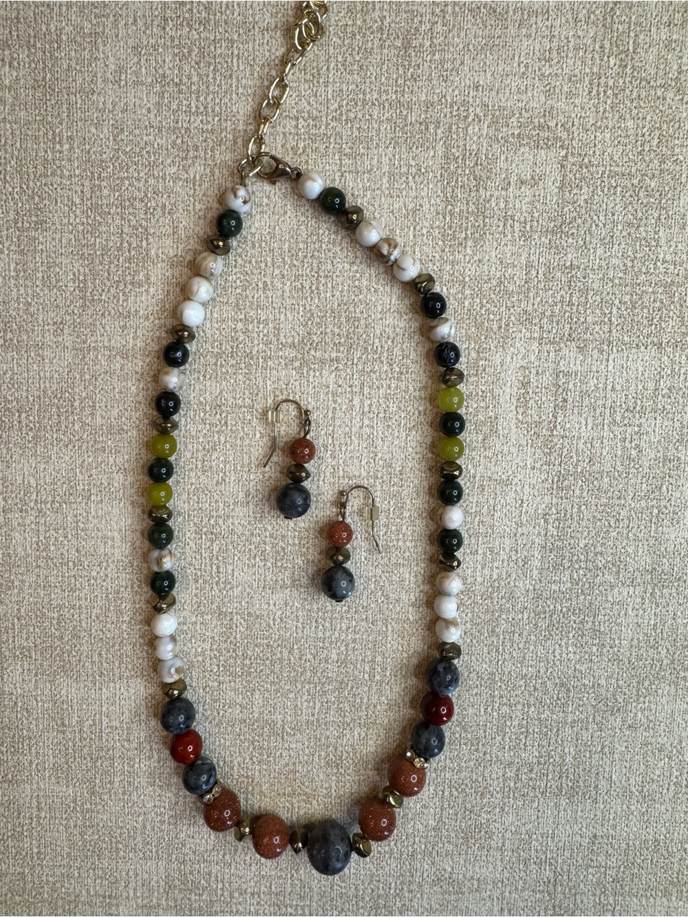Multicolor Stone Bead Necklace and Earring Set - Neutral Green Accent